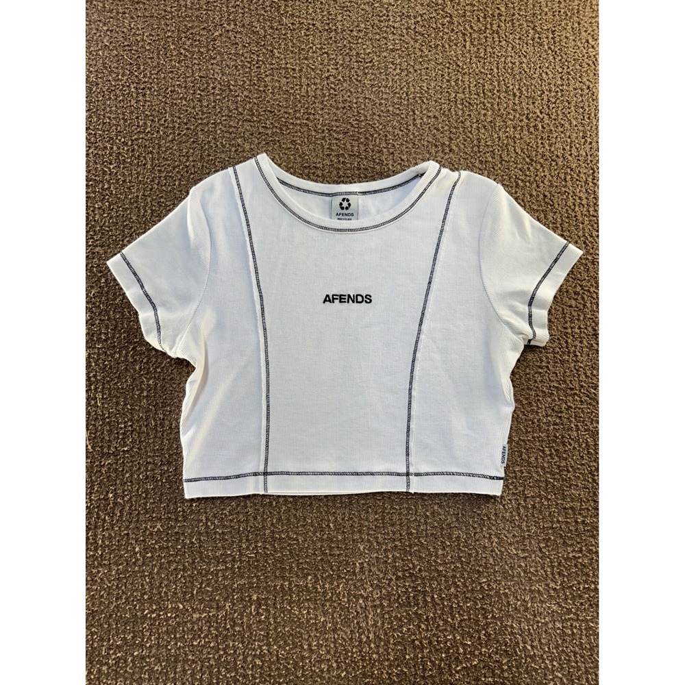 Afends Womens White Ribbed Contrast Stitch Logo Crop Top Short Sleeve Tee